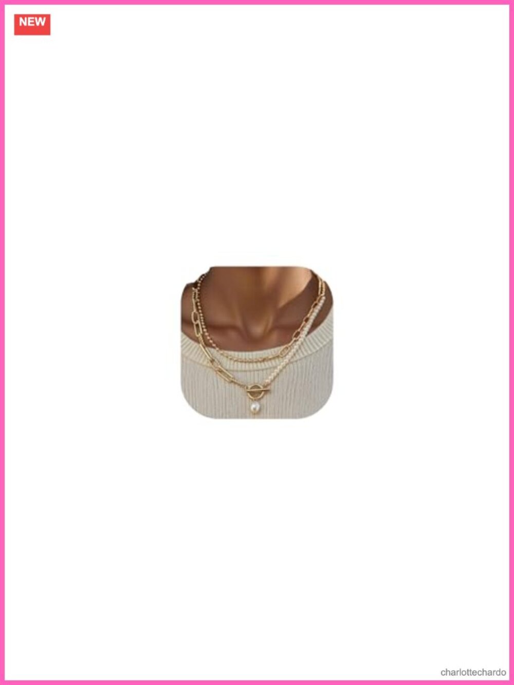 14K Gold Plated Layered Pearl Chain Necklace with Toggle Clasp